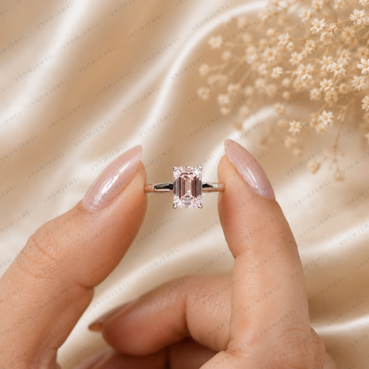 Pink Emerald Cut Lab Grown Diamond Engagement Ring, Minimalist Solitaire Ring, Pink Diamond Ring, 4 Prong Setting, 10K 14K 18K Gold