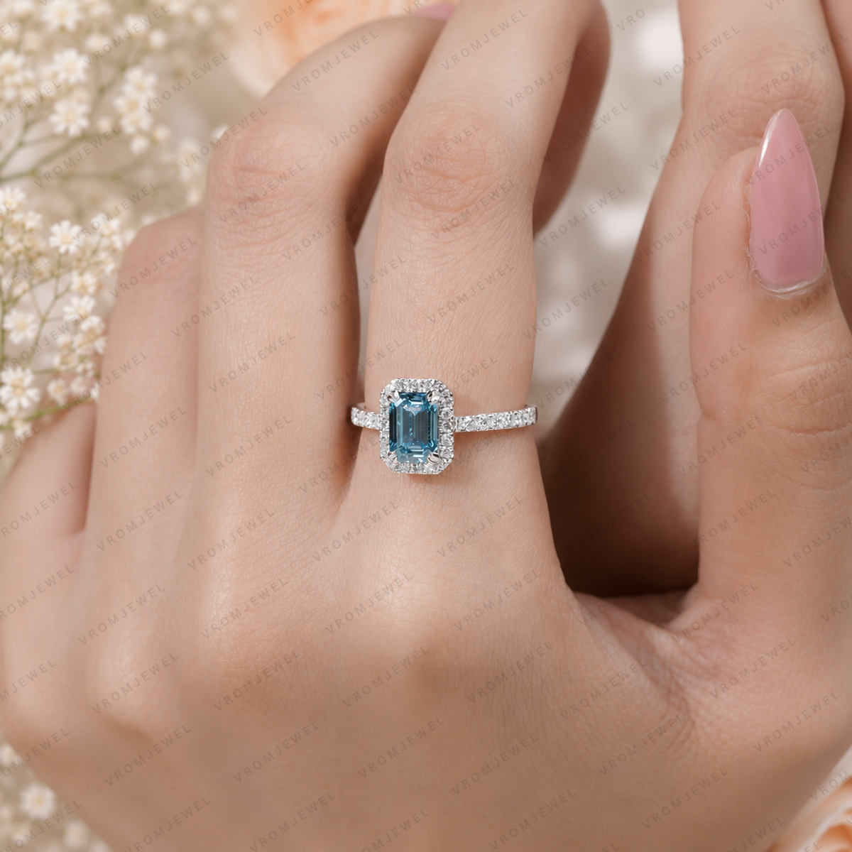 Blue Emerald Cut Lab Grown Diamond Ring, 1.50 Carat Blue Diamond Engagement Ring, Emerald Cut Halo Ring, Round Diamond Accents, Pavé Band