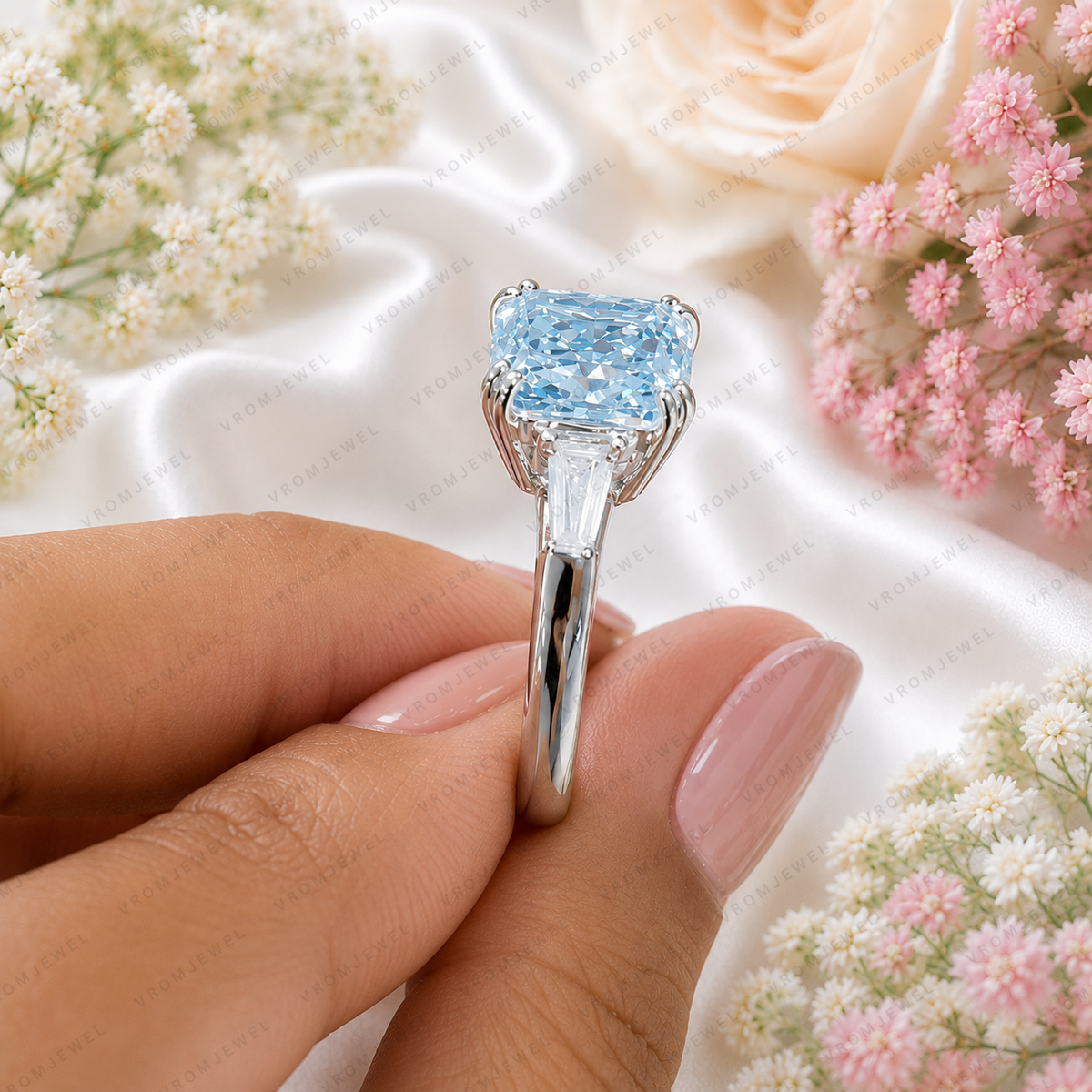 Blue Cushion Cut Lab Grown Diamond Ring, 3 Carat Blue Diamond Engagement Ring, Baguette Side Stones, Statement Ring, Pavé Band, 10K 14K 18K