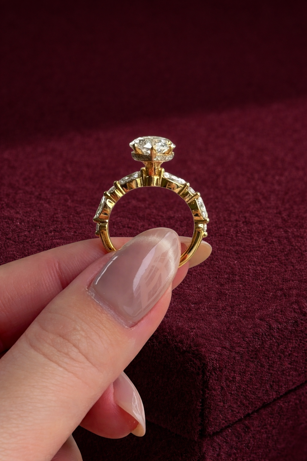 Marquise Diamond Engagement Ring, Marquise Cut Diamond Ring with Marquise & Round Side Stones, Unique Marquise Solitaire Engagement Ring