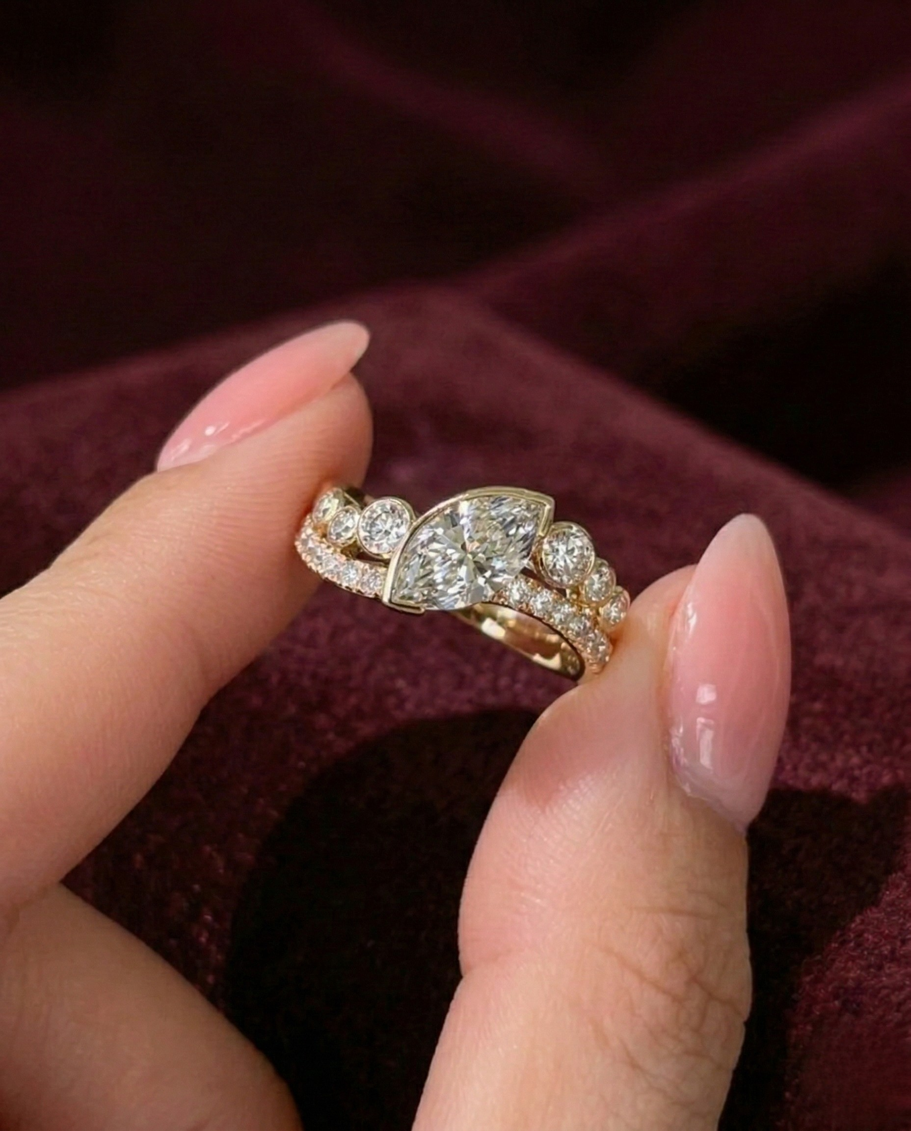 Marquise Lab Grown Diamond Engagement Ring with Round Side Diamonds, Marquise Halo Diamond Ring, 14K Yellow Gold Statement Ring, IGI Certi