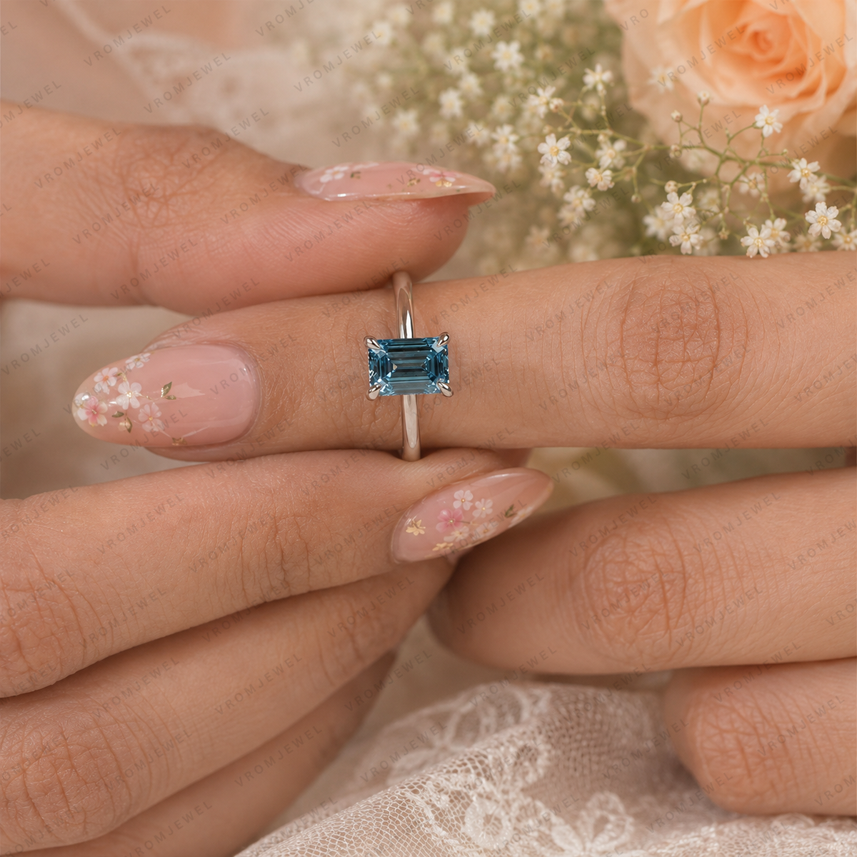 Blue Emerald Cut Lab Grown Diamond Ring, 1.50 Carat Blue Diamond Engagement Ring, Emerald Cut Solitaire Ring, Diamond Accent Setting