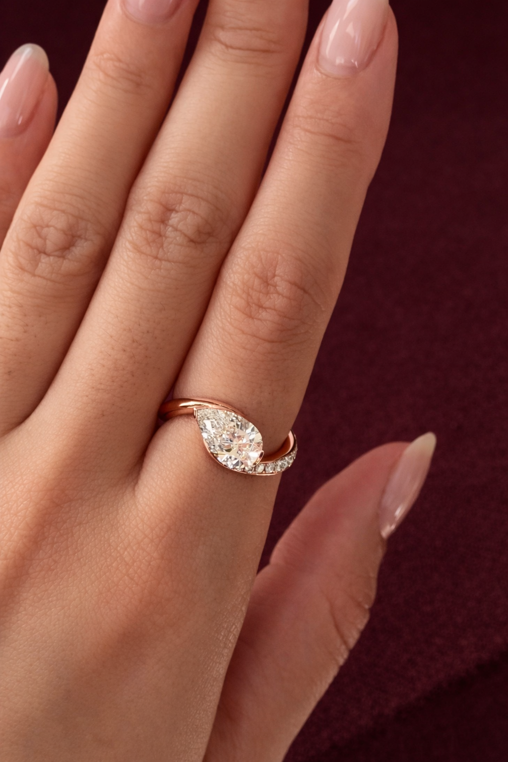 Pear Lab Grown Diamond Engagement Ring, 1.55 Carat Pear Diamond Ring with Side Diamonds, Modern Bypass Diamond Ring, Unique Proposal Ring