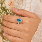Blue Pear Shape Lab Grown Diamond Ring, 3 Carat Blue Diamond Engagement Ring, Pear Cut Halo Ring, Pavé Diamond Band, Blue Bridal Ring