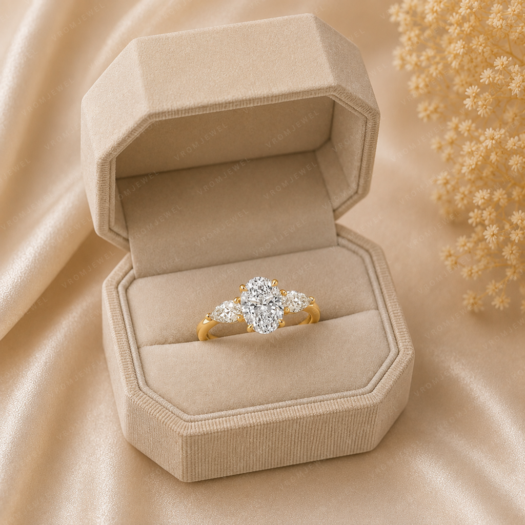 Oval Engagement Ring | Lab Grown Diamond | Pear Side Stones | Prong Set | 14K Yellow Gold
