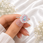 Blue Oval Lab Grown Diamond Ring, 1.30 Carat Blue Diamond Engagement Ring, Pink Round & F Color Marquise Accents, Floral Halo Ring