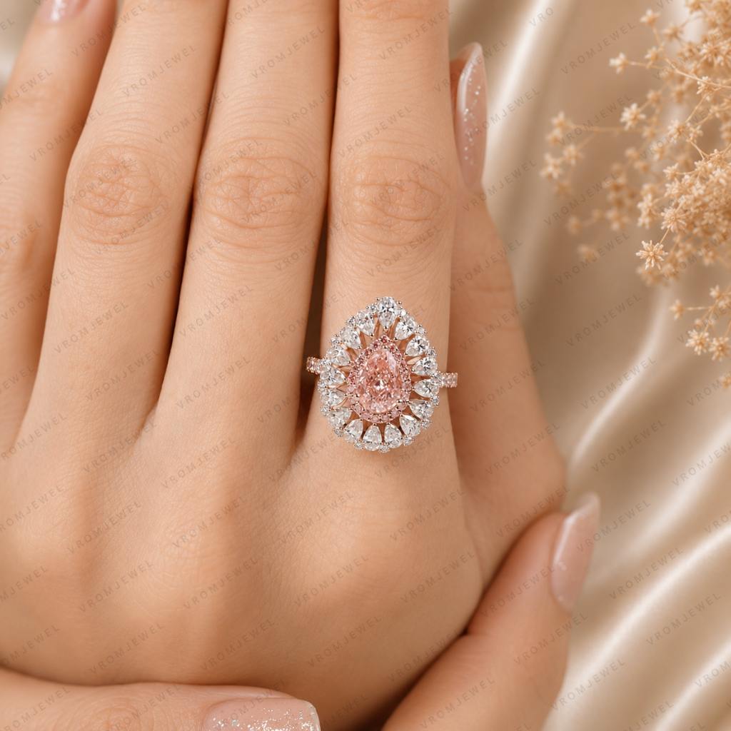 Pink Pear Shape Lab Grown Diamond Engagement Ring, Floral Halo Diamond Ring, Pink Diamond Ring, Pavé Band, 10K 14K 18K Gold