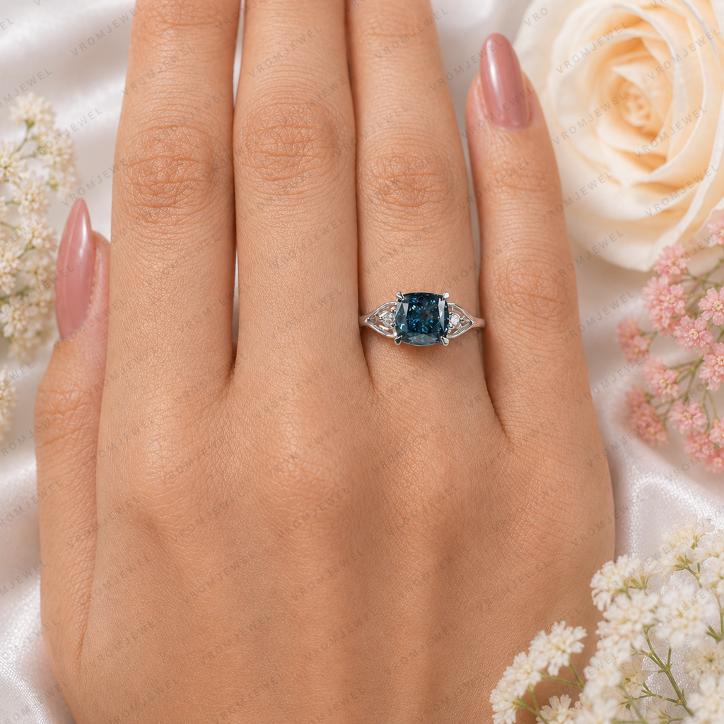 Blue Cushion Cut Lab Grown Diamond Ring, 3 Carat Blue Diamond Engagement Ring, Round Diamond Accents, Unique Statement Ring, 10K 14K 18KGold