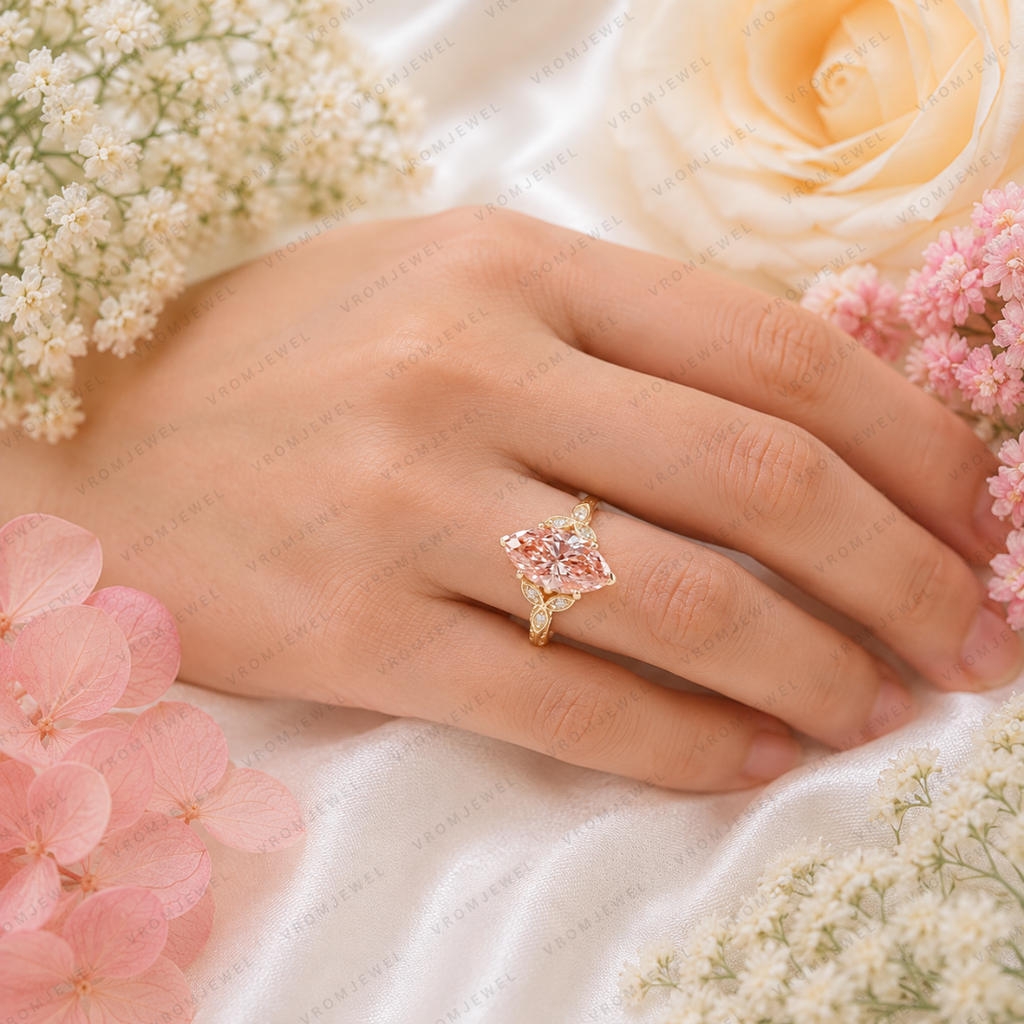 Pink Marquise Lab Grown Diamond Engagement Ring, Vintage Floral Halo Ring, Pavé Diamond Ring, 10K 14K 18K Gold