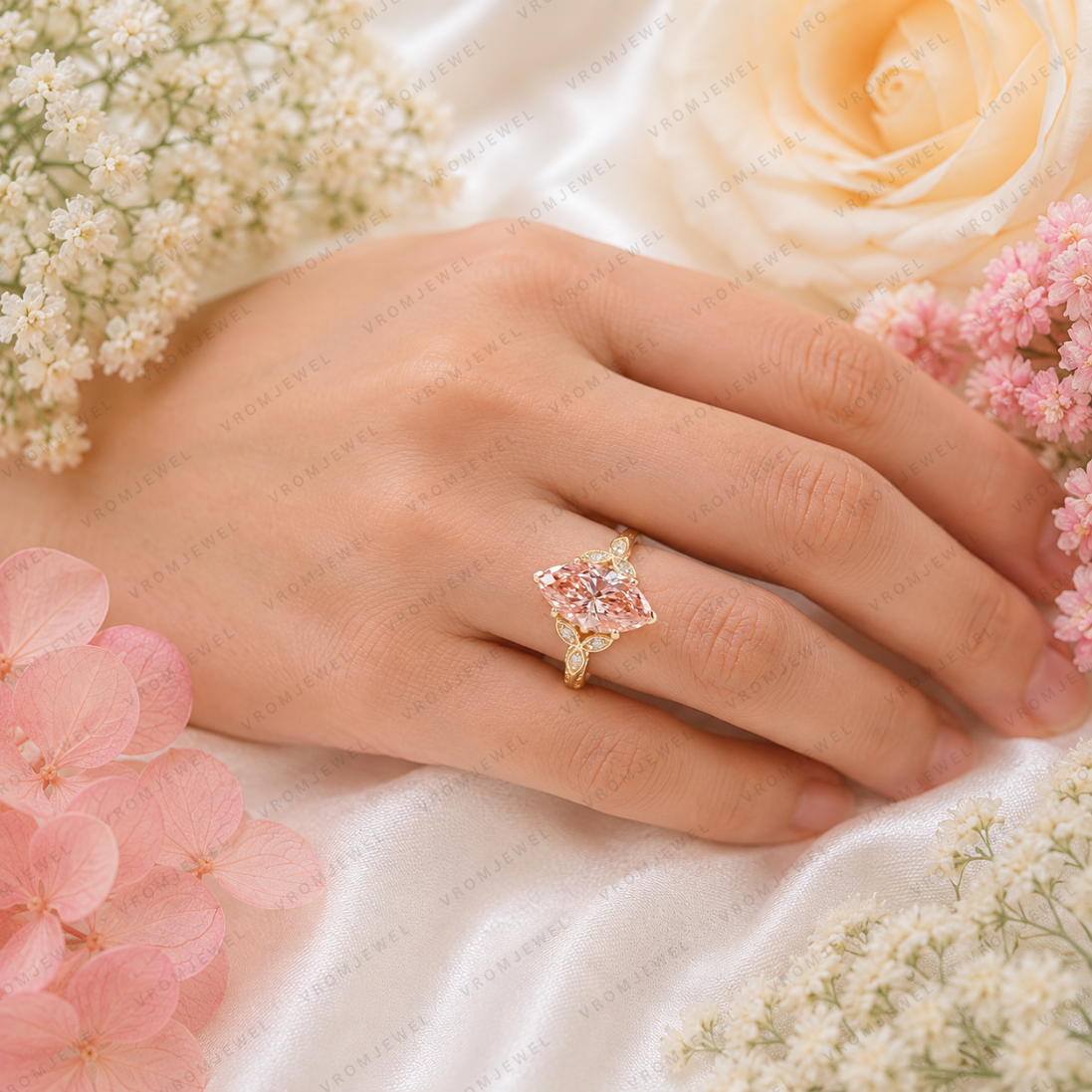 Pink Marquise Lab Grown Diamond Engagement Ring, Vintage Floral Halo Ring, Pavé Diamond Ring, 10K 14K 18K Gold