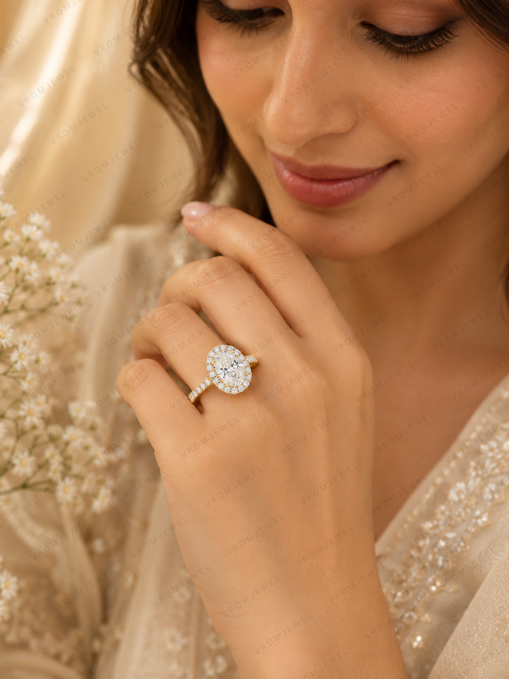Oval Shape Lab Grown Diamond Halo Engagement Ring with Side Stones in Solid 14K Gold