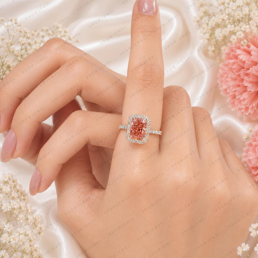Pink Radiant Cut Lab Grown Diamond Engagement Ring, Halo Diamond Ring, Pink Diamond Ring, Pavé Band, 4 Prong Setting, 10K 14K 18K Gold