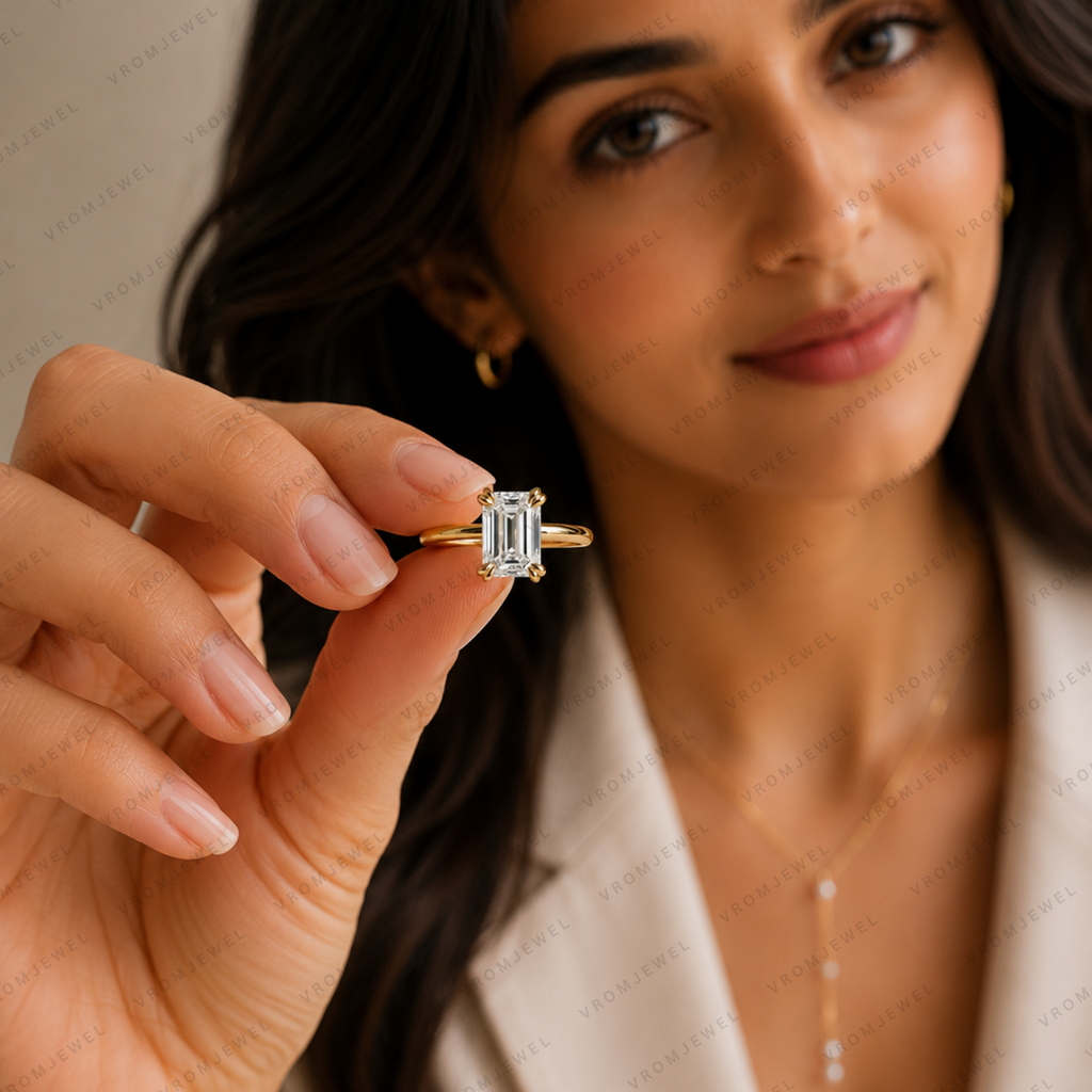 Emerald Cut Lab Grown Diamond Multi Prong Solitaire Ring in Solid 14K Gold