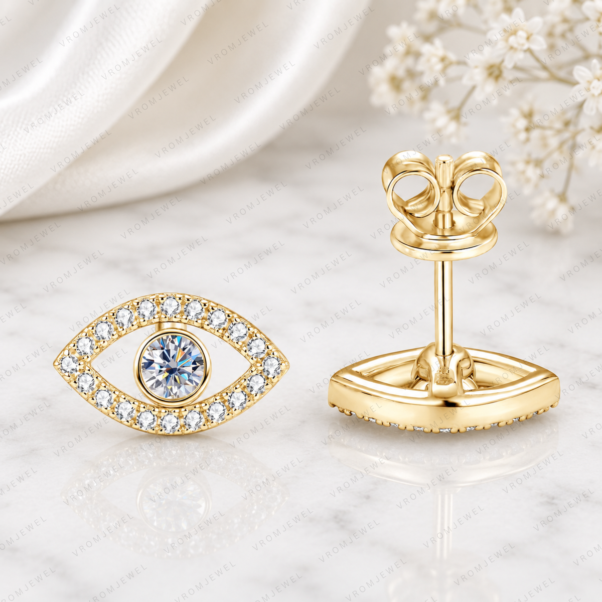 Evil Eye Lab Grown Diamond Stud Earrings, Eye Shape Diamond Earrings, Solid Gold Evil Eye Studs, Minimalist Diamond Earrings, Gift For Her