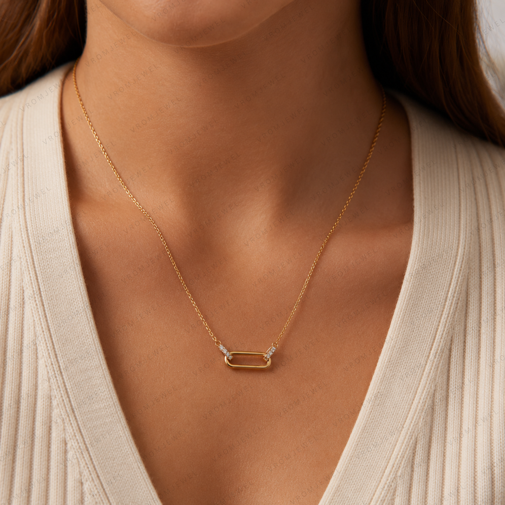 Geometric Link Necklace, Lab Grown Diamond Link Pendant, Paperclip Style Necklace, Solid Gold Necklace, Modern Minimalist Necklace
