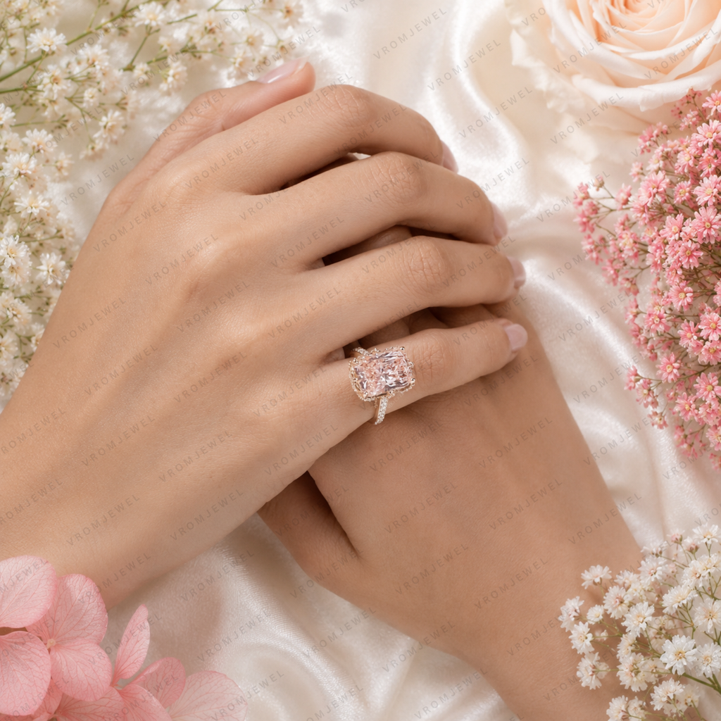 Pink Radiant Lab Grown Diamond Halo Engagement Ring, Pavé Diamond Band, Pink Diamond Ring, 10K 14K 18K Gold