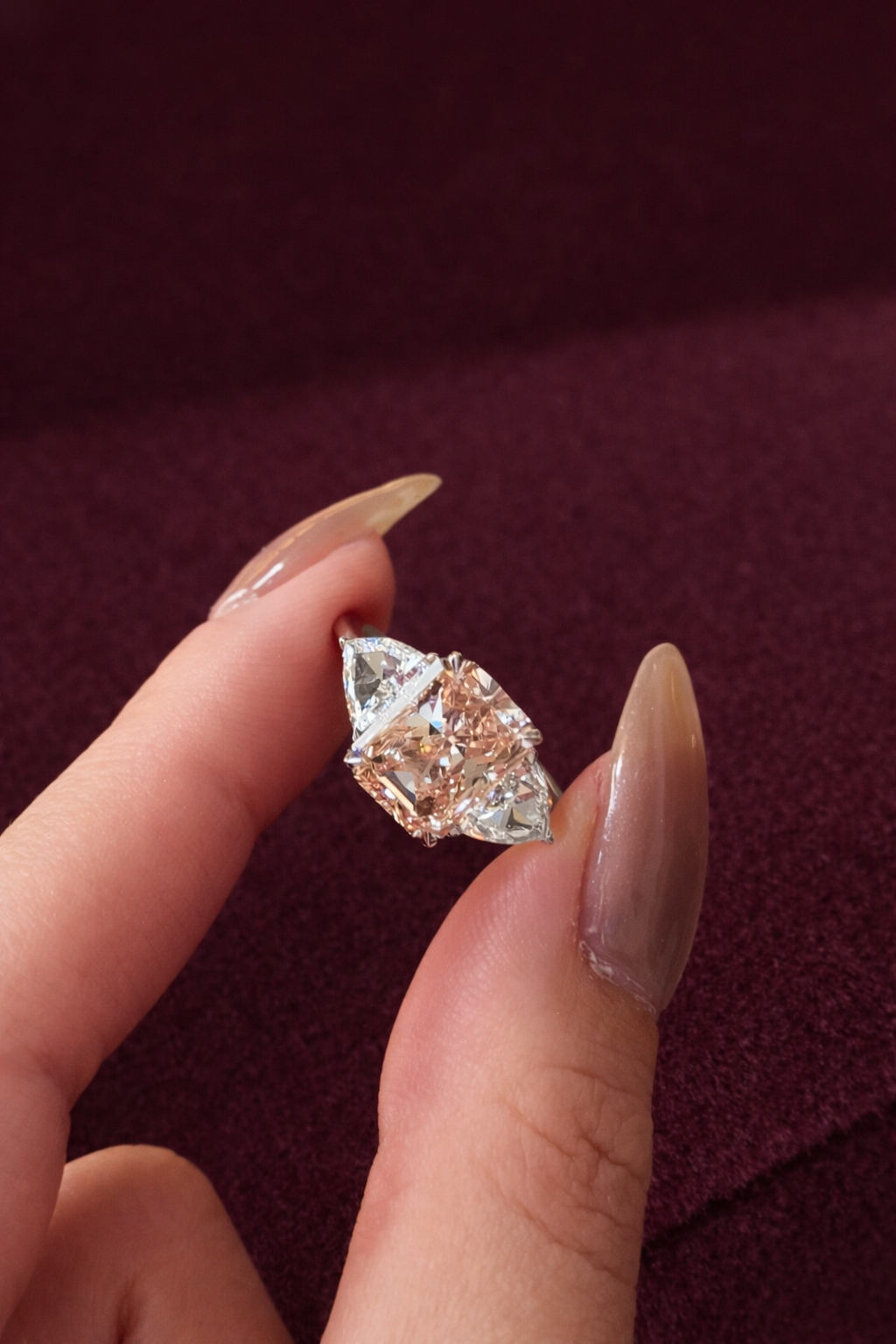Pink Radiant Diamond Engagement Ring, Three Stone Diamond Ring with Trillion Side Stones, Unique Pink Diamond Ring, Luxury Engagement Ring