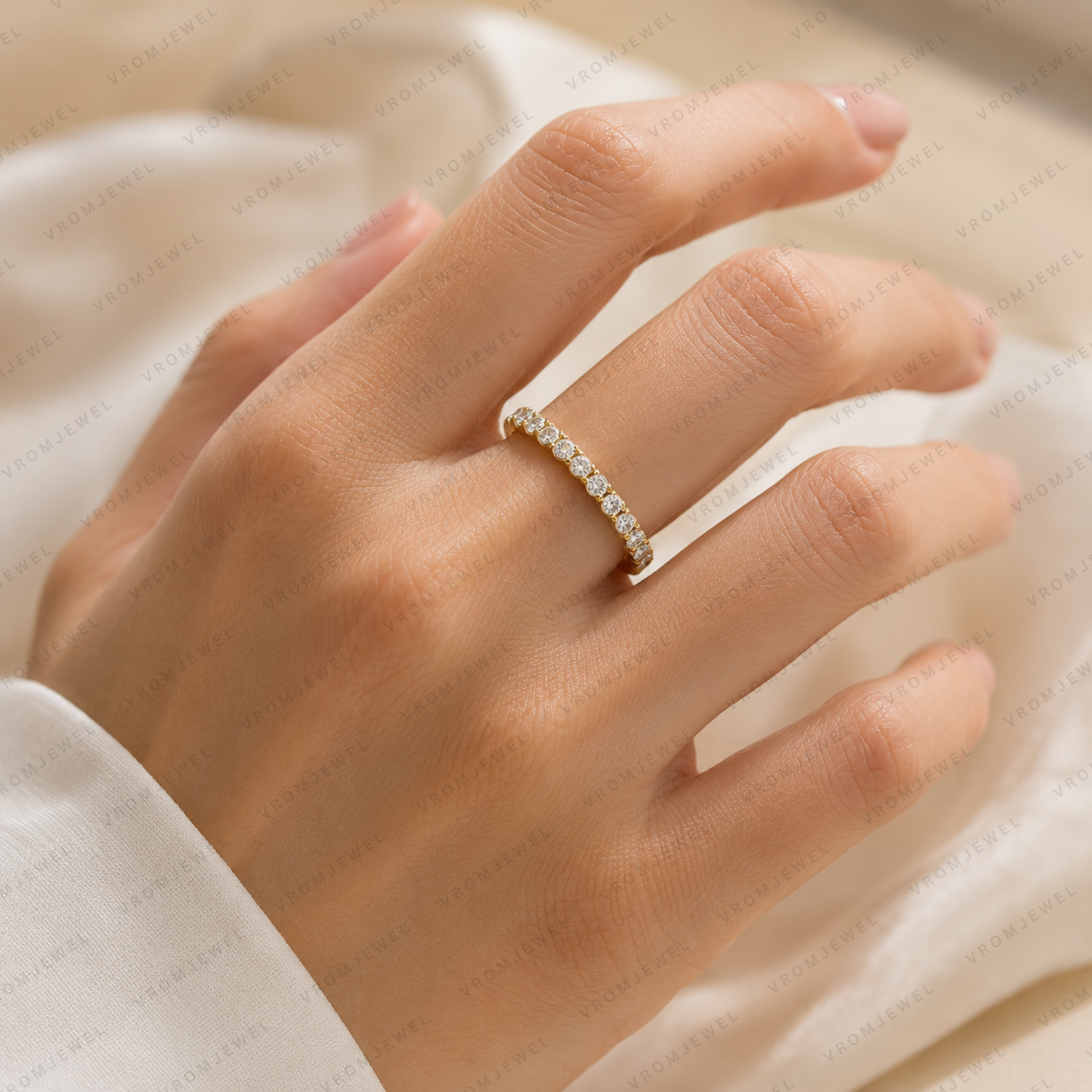 Round Lab Grown Diamond Half Eternity Wedding Band in Solid 14K Gold
