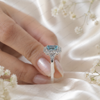 Blue Radiant Cut Lab Grown Diamond Ring, 2 Carat Blue Diamond Engagement Ring, Halo Ring, Baguette Side Stones, Statement Ring, 10K 14K 18K