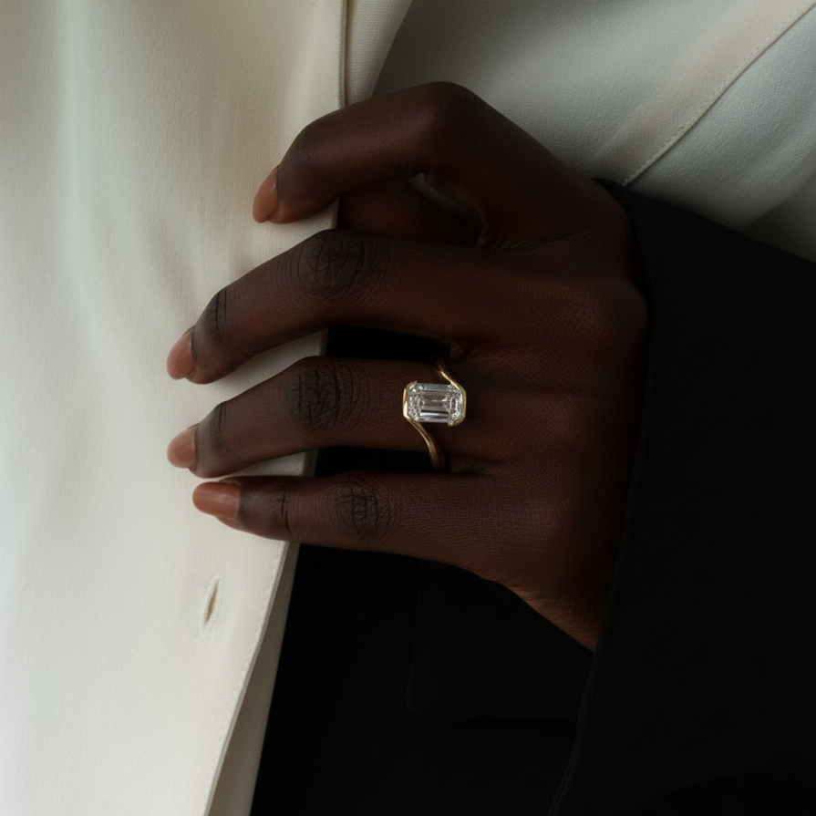 Modern Emerald Cut Bezel Bypass Ring | Lab Grown Diamond | 14K Yellow Gold