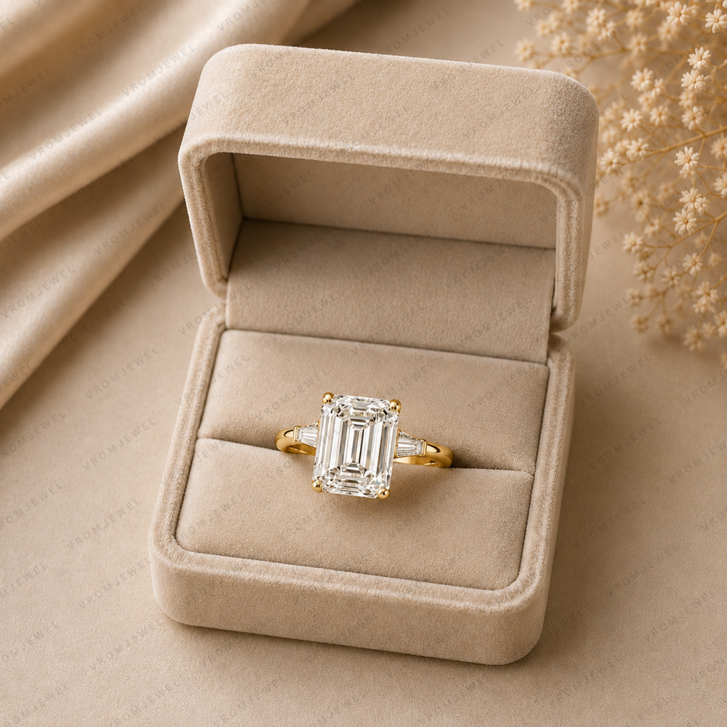 Emerald Cut Lab Grown Diamond Engagement Ring with Tapered Baguette Accents