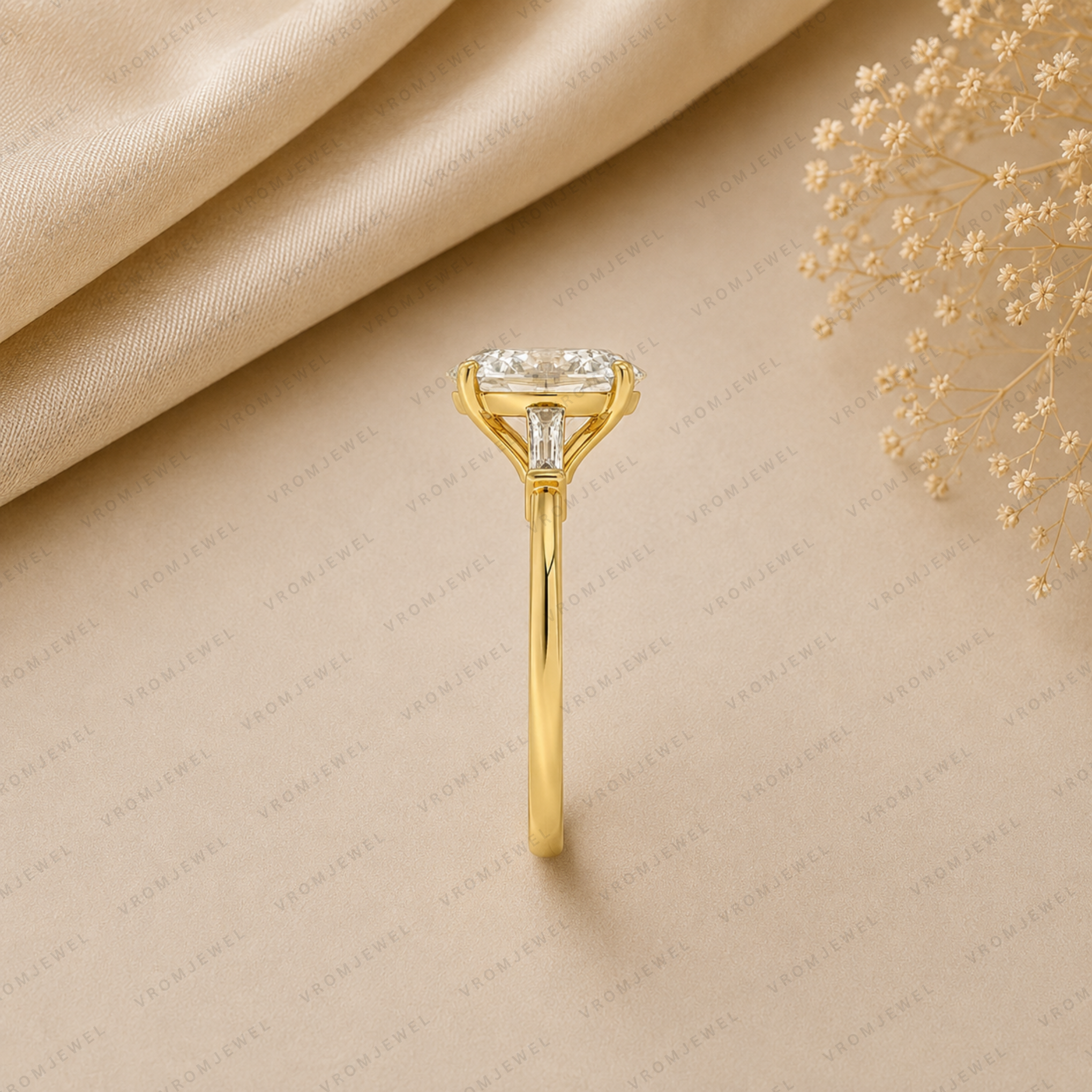 Oval Engagement Ring | Lab Grown Diamond | Tapered Baguette Side Stones | 14K Yellow Gold
