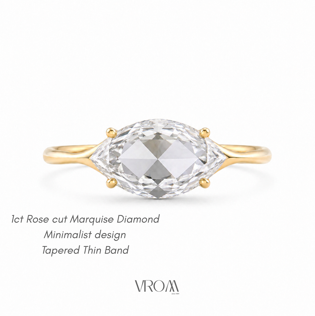 East West Marquise Rose Cut Lab Grown Diamond Ring | 1 CT | Minimalist Thin Band | Modern Solitaire Ring