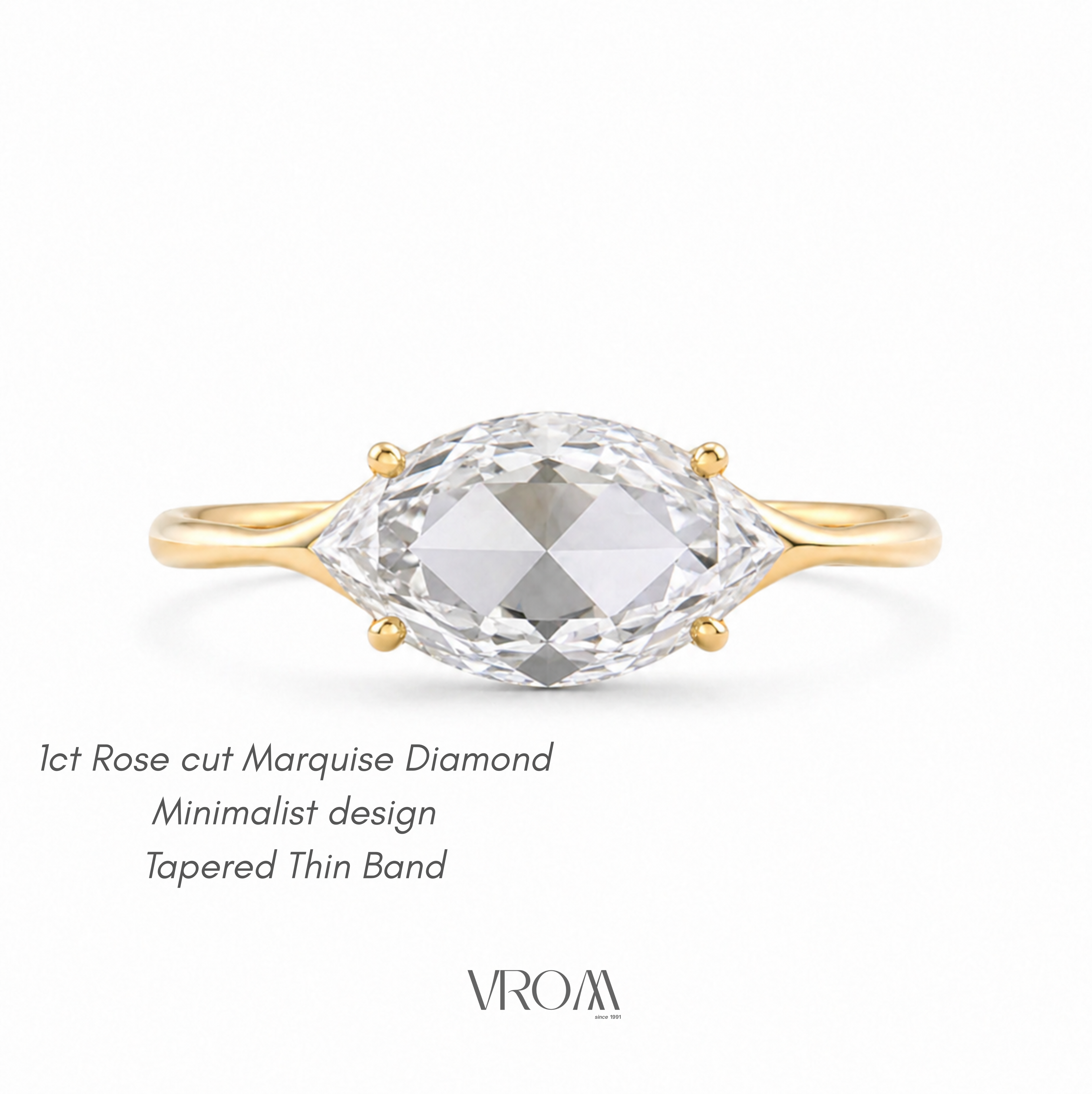 East West Marquise Rose Cut Lab Grown Diamond Ring | 1 CT | Minimalist Thin Band | Modern Solitaire Ring
