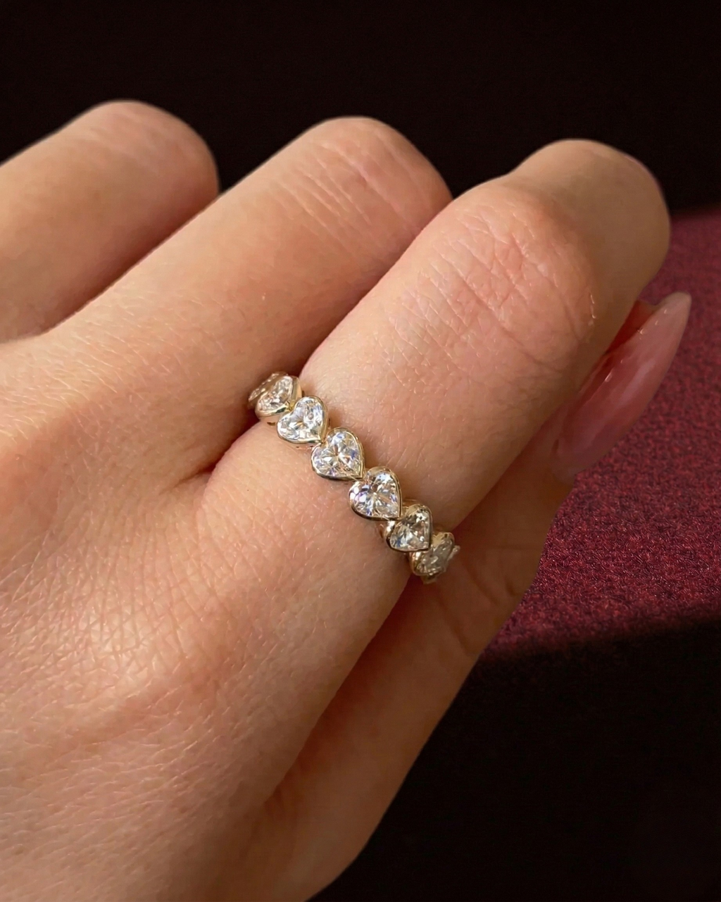 Heart Shape Diamond Half Eternity Band, Bezel Set Heart Diamond Wedding Band, Heart Diamond Anniversary Ring, Stackable Diamond Band.