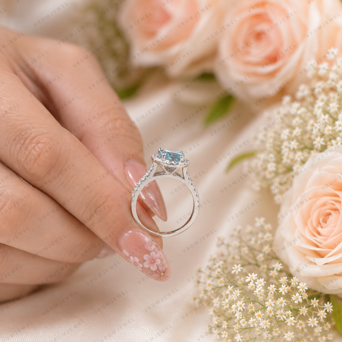 Blue Oval Lab Grown Diamond Ring, 2 Carat Blue Diamond Engagement Ring, Oval Cut Halo Ring, Pavé Diamond Halo, Classic Bridal Ring