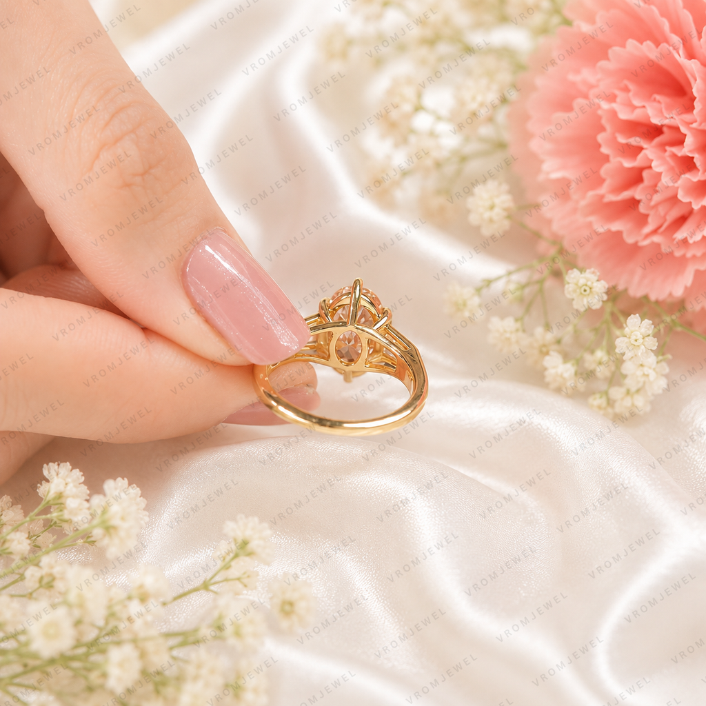 Pink Oval Lab Grown Diamond Engagement Ring, Pink Diamond Ring, Elegant Halo Setting, Diamond Accent Ring, 10K 14K 18K Gold