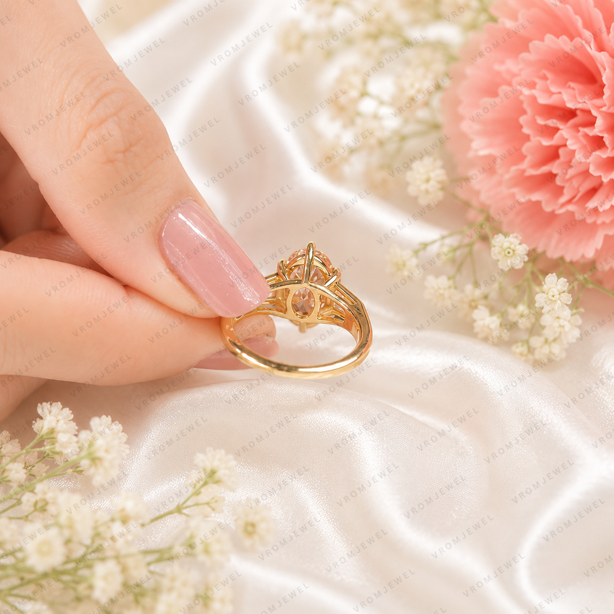 Pink Oval Lab Grown Diamond Engagement Ring, Pink Diamond Ring, Elegant Halo Setting, Diamond Accent Ring, 10K 14K 18K Gold