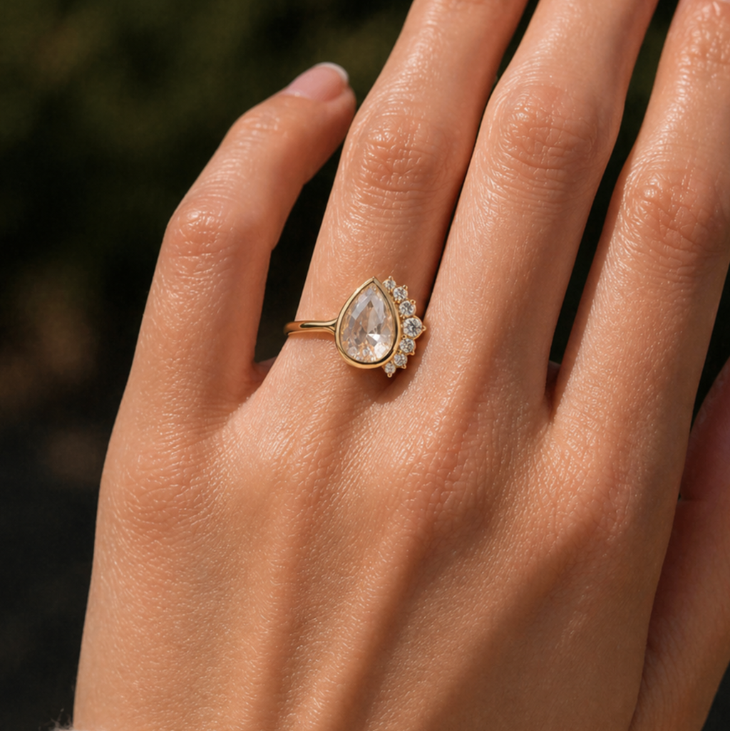 Pear Shape Rose Cut Lab Grown Diamond Ring | 1 CT | Nature Inspired Design | Bezel Setting with Graduated Accents | 14K Gold