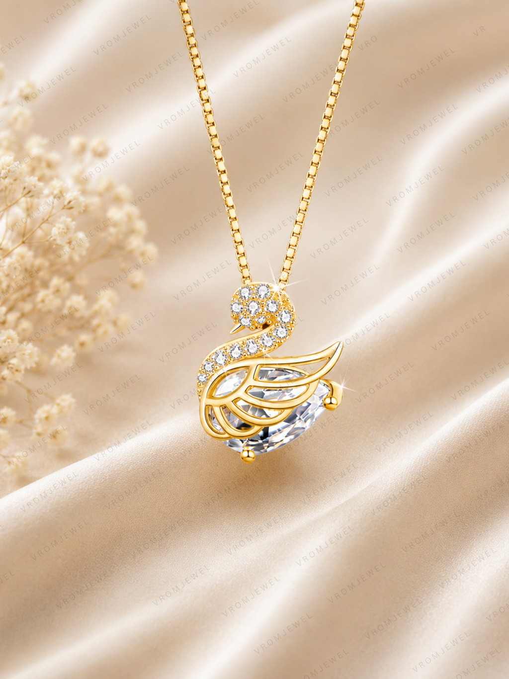 Swan Lab Grown Diamond Necklace, Swan Pendant Necklace, Round Diamond Necklace, Nature Inspired Necklace, Solid Gold Swan Necklace