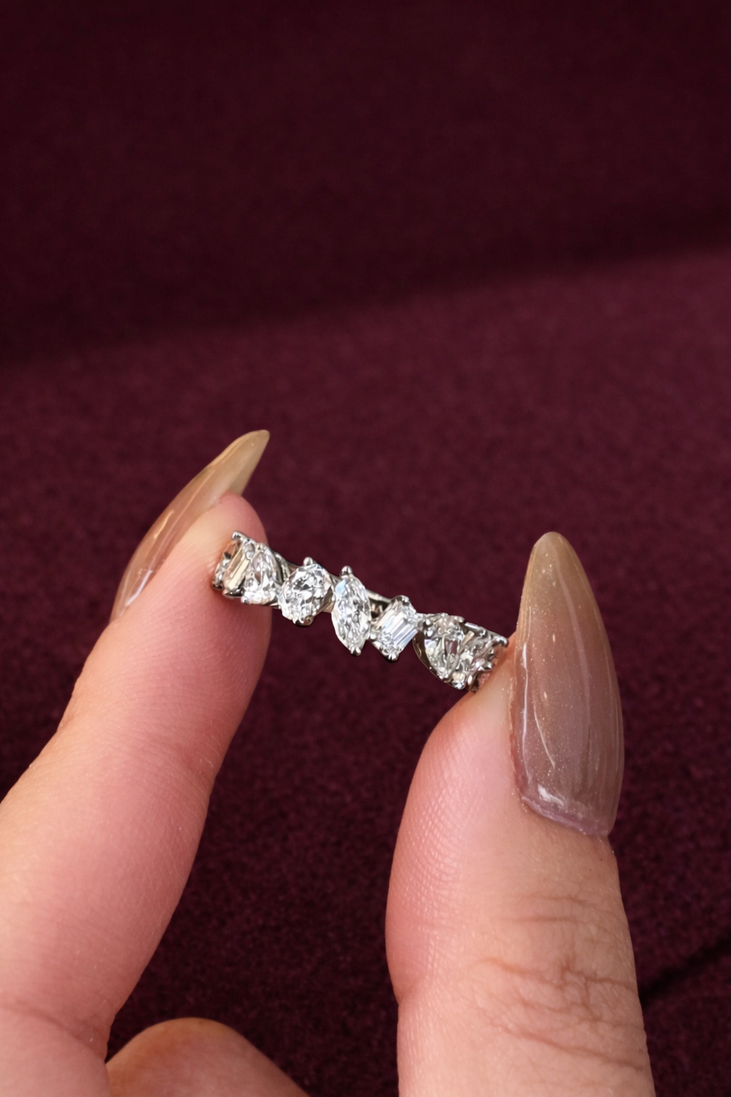 Mixed Shape Diamond Band, Pear Marquise Oval Emerald Diamond Ring, Unique Diamond Wedding Band, Modern Diamond Anniversary Ring