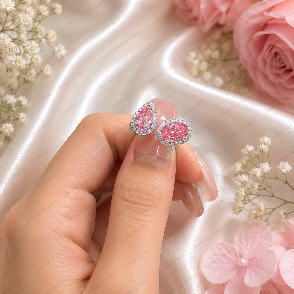Pink Pear & Oval Lab Grown Diamond Ring, 3 Carat Pink Diamond Ring, Open Bypass Ring, Two Stone Engagement Ring, Halo Diamond Ring, 10K 14K