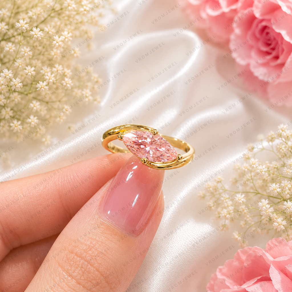 Pink Marquise Lab Grown Diamond Engagement Ring, 1.30 Carat Pink Diamond Ring, Minimalist Solitaire Ring, Unique Curved Setting, 10K 14K