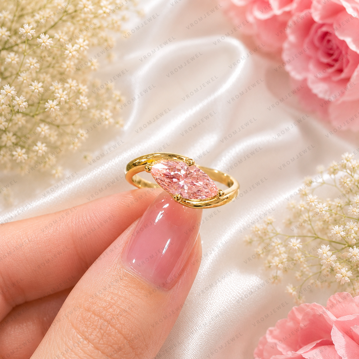 Pink Marquise Lab Grown Diamond Engagement Ring, 1.30 Carat Pink Diamond Ring, Minimalist Solitaire Ring, Unique Curved Setting, 10K 14K