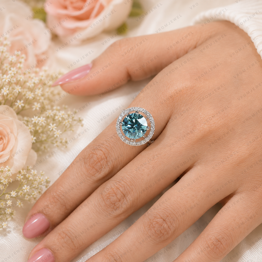 Blue Round Lab Grown Diamond Ring, 5 Carat Blue Diamond Engagement Ring, Round Cut Halo Ring, Pavé Diamond Halo, Unique Statement Ring