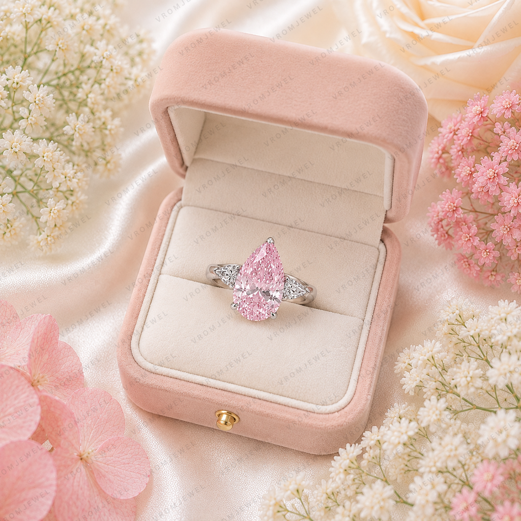 Pink Pear Shape Lab Grown Diamond Engagement Ring, Vintage Inspired Diamond Ring, Side Stone Ring, IGI Certified, 10K 14K 18K Gold