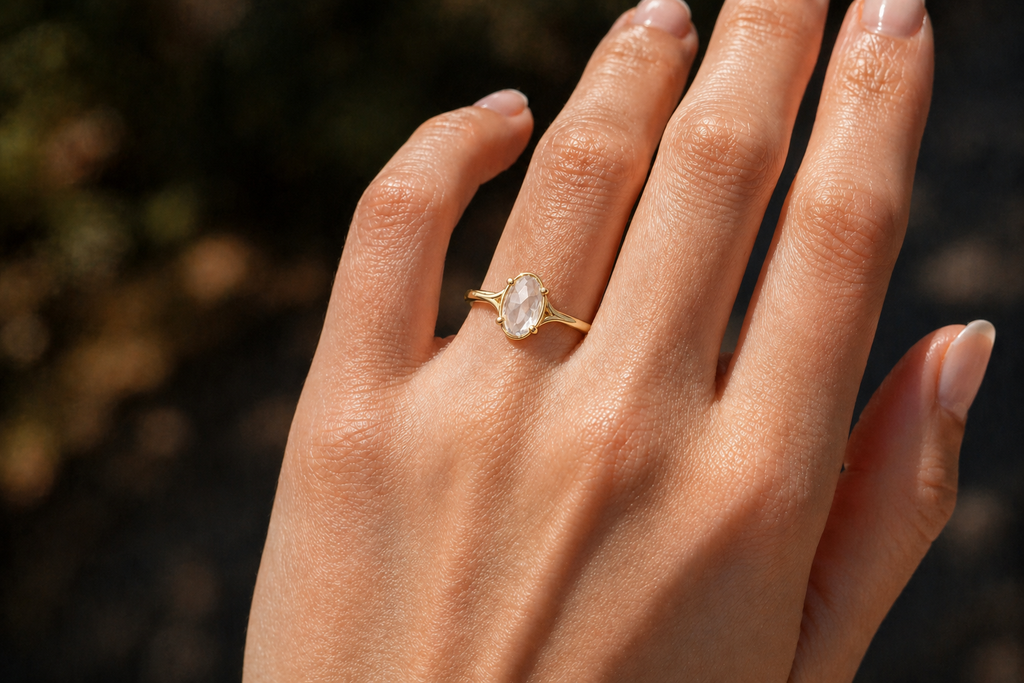 Oval Rose Cut Lab Grown Diamond Ring | 1 CT | Bezel with 4 Prong Setting | Vintage Style Engagement Ring | 14K Gold