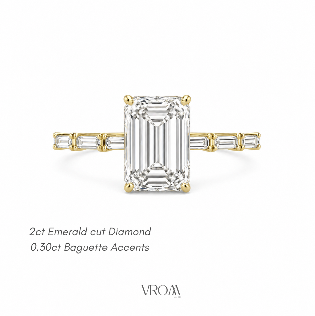 Emerald Cut Lab Grown Diamond Ring with Baguette Side Accents | 2 CT IGI Certified | 14K Gold Elegant Ring