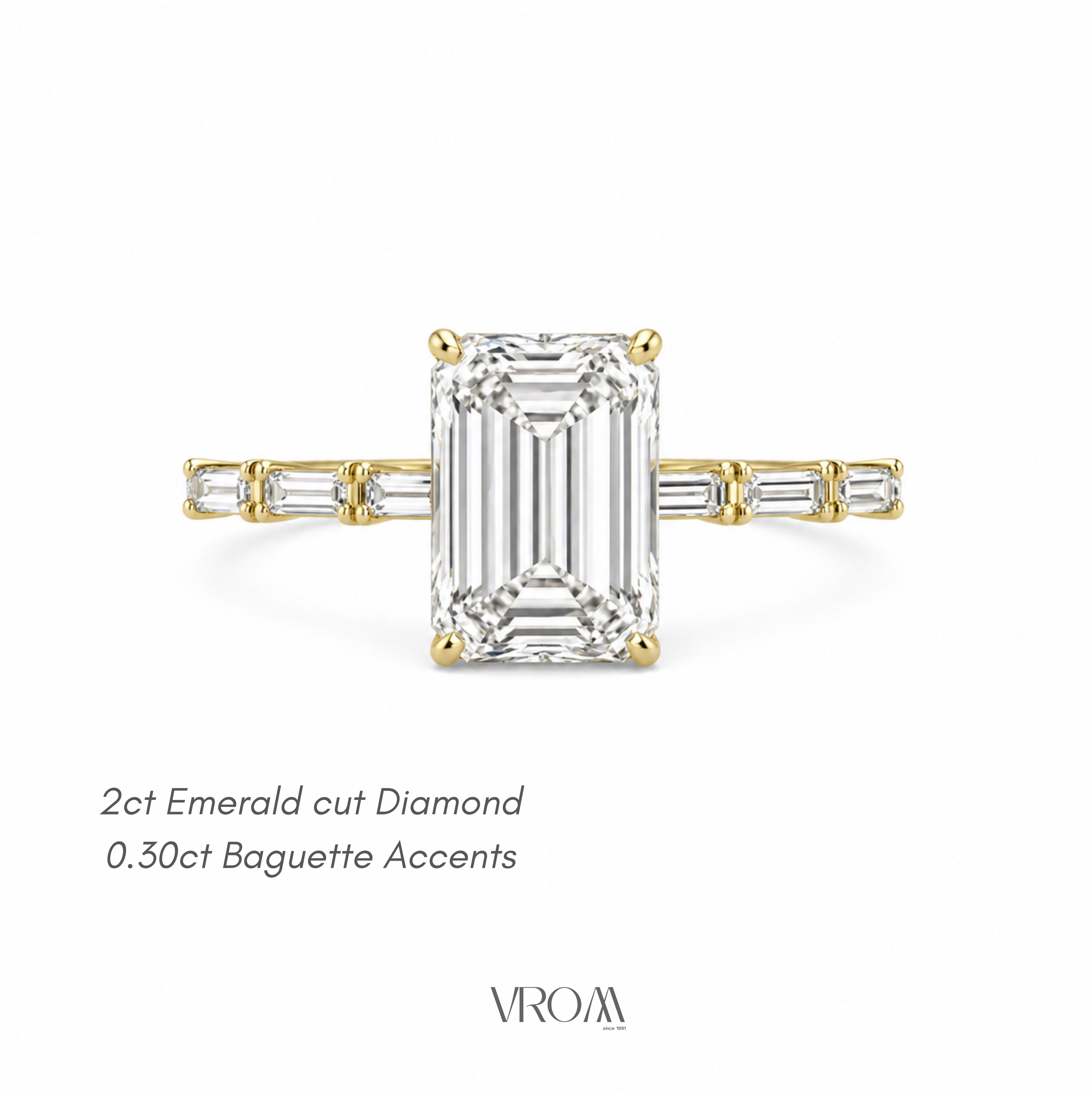 Emerald Cut Lab Grown Diamond Ring with Baguette Side Accents | 2 CT IGI Certified | 14K Gold Elegant Ring