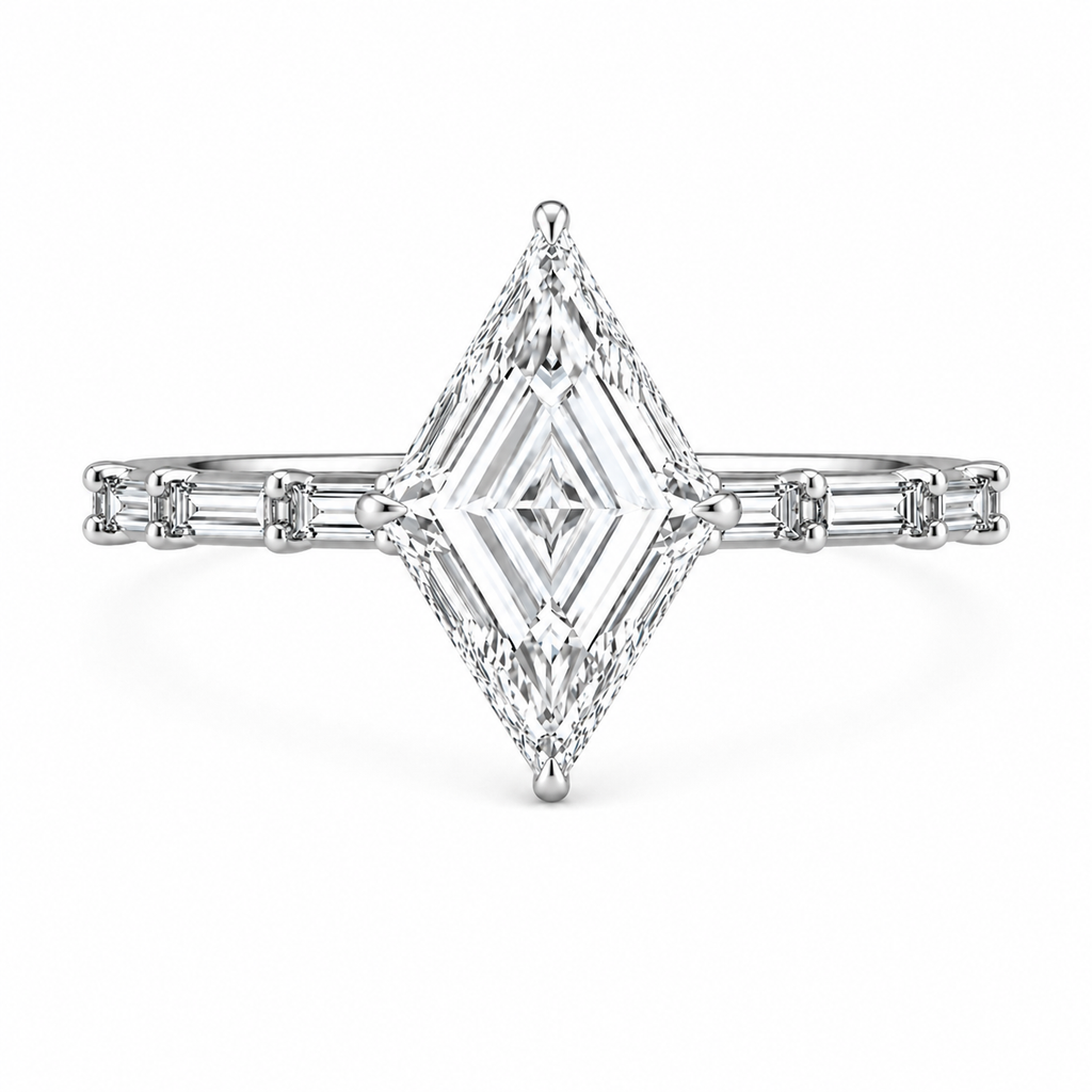 Lozenge Shape Lab Grown Diamond Ring | 2 CT | Baguette Pave Band | Geometric Modern Engagement Ring | 14K Gold
