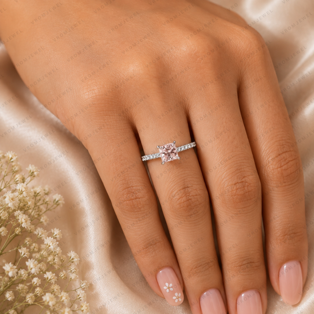 Pink Princess Cut Lab Grown Diamond Engagement Ring, Pavé Diamond Band, Minimalist Pink Diamond Ring, Elegant Bridal Ring, 10K 14K 18K Gold