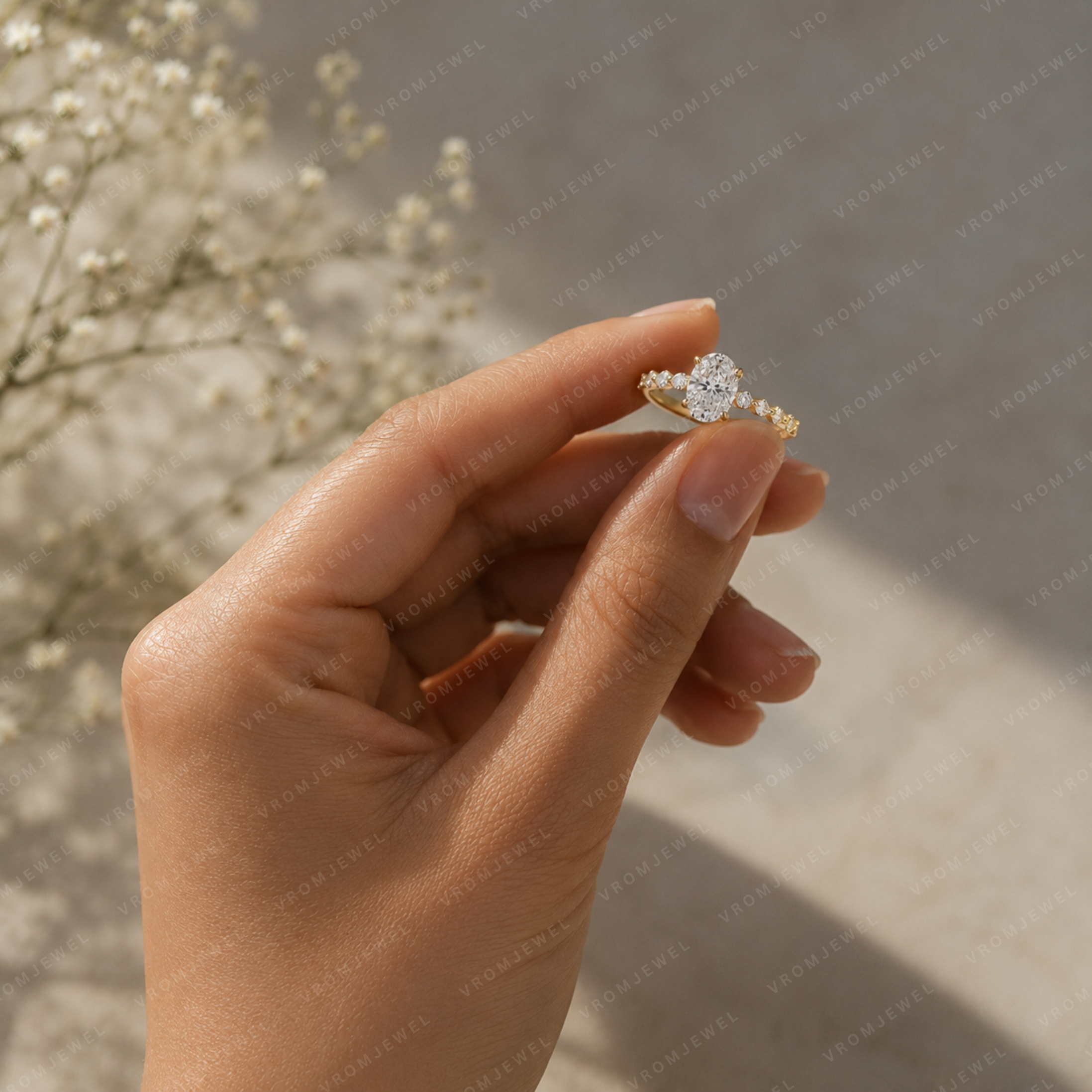 Oval Lab Grown Diamond Engagement Ring with Marquise & Round Halo in Solid 14K Gold