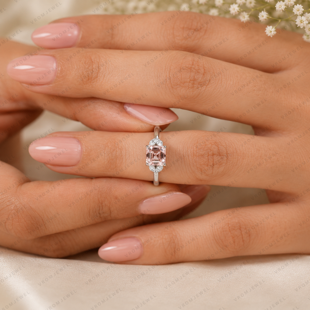 Pink Asscher Cut Lab Grown Diamond Engagement Ring, Leaf Side Stone Ring, Vintage Inspired Pink Diamond Ring, 10K 14K 18K Gold