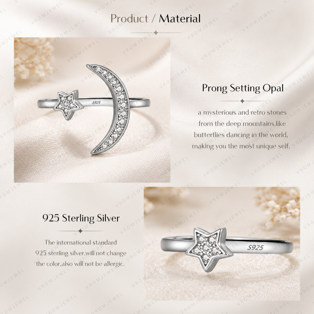 Moon and Star Lab Grown Diamond Ring, Celestial Diamond Ring, Crescent Moon Ring, Star Ring, Solid Gold Open Ring, Minimalist Promise Ring