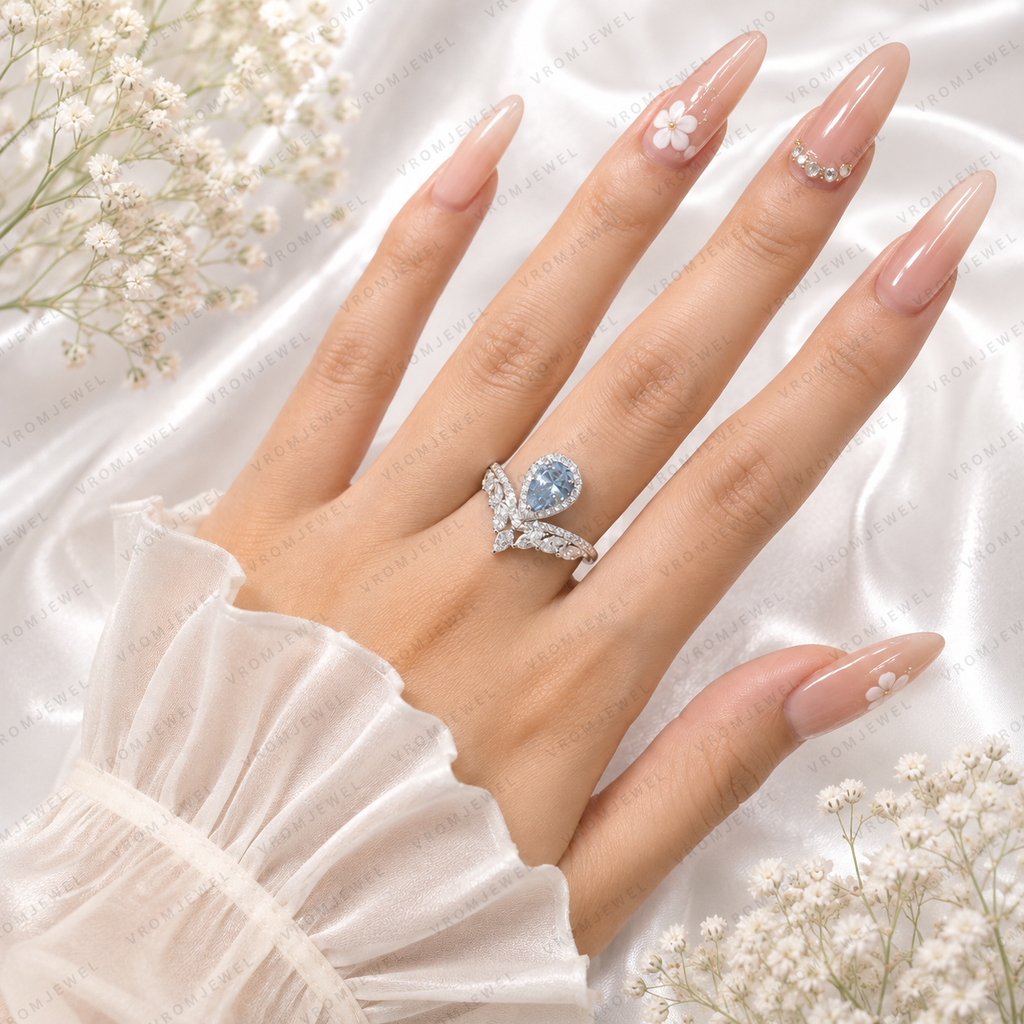 Blue Pear Shape Lab Grown Diamond Ring, 0.80 Ct Blue Diamond Engagement Ring, Marquise & Round Diamond Accents, Halo Ring, Unique BridalRing