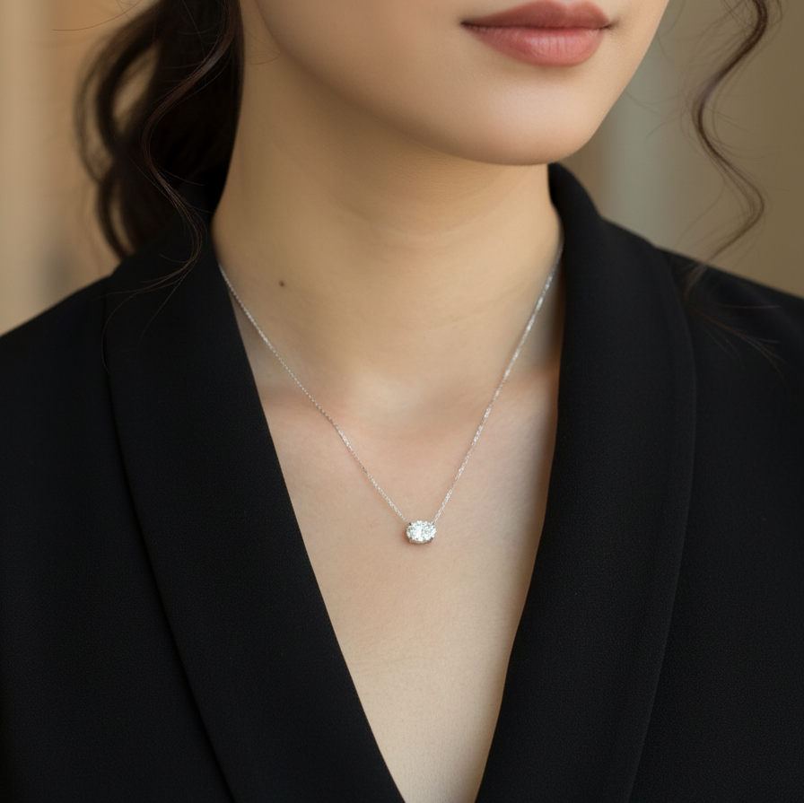 Oval Cut East West Pendant Necklace | Lab Grown Diamond | 14K Yellow Gold Minimalist